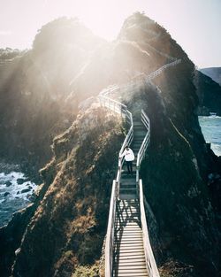 High angle view of bridge against mountains