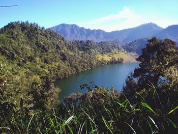 Scenic view of lake and mountains against sky