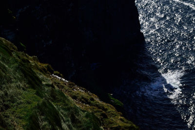 High angle view of rocks on sea shore