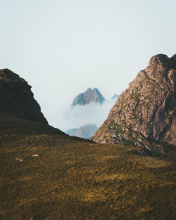 Scenic view of rocky mountains against clear sky