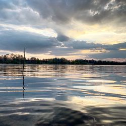 Scenic view of lake against sky at sunset