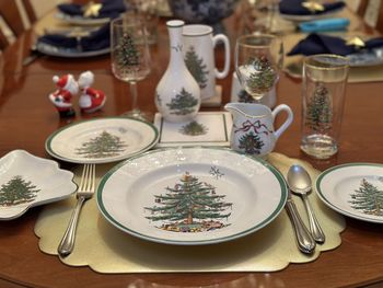 High angle view of holiday place setting on table