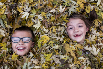 Brother and sister siblings laughing in yellow fall leaf pile