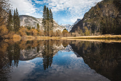 Mountains and trees reflecting in merced river