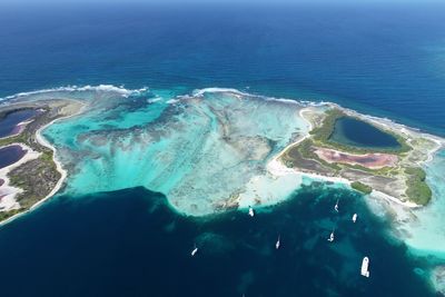 Drone view of beach with clear water in los roques, caribbean sea, venezuela