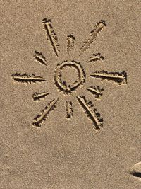 High angle view of text on sand at beach