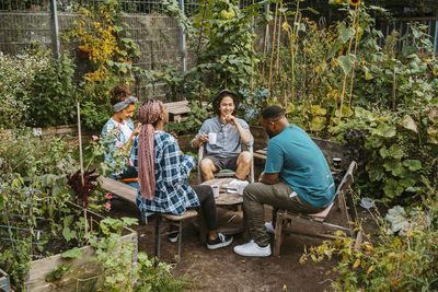 Multiracial male and female farmers having coffee while sitting in community garden