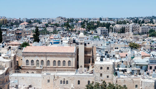 High angle view of cityscape against clear sky