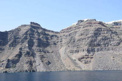 Scenic view of sea and mountains against clear sky