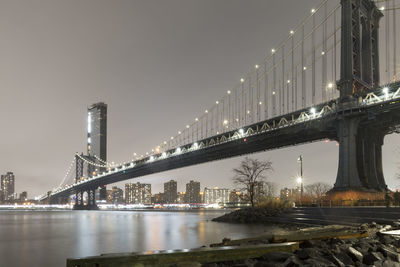 Bridge over river in city at night