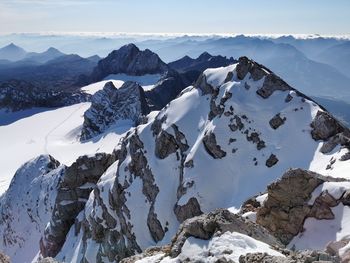 Scenic view of snow covered mountains against sky