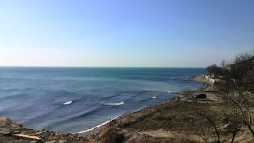 Scenic view of sea against clear blue sky