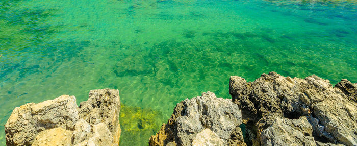 High angle view of rocks on shore