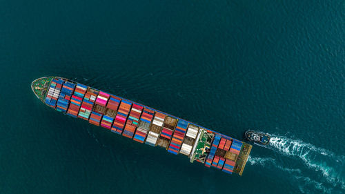 High angle view of boats in sea