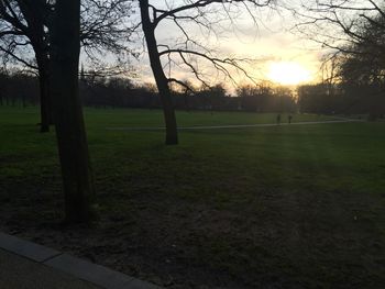 Scenic view of grassy field against sky at sunset