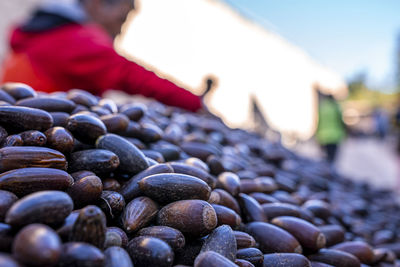 Pile of argan nuts and seeds for selling on street marketplace