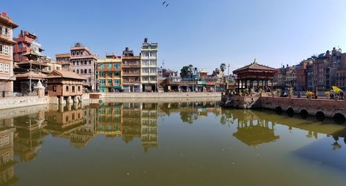 Reflection of buildings in lake