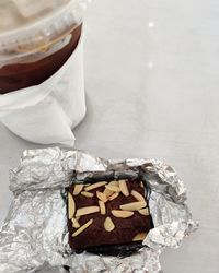 High angle view of coffee cup on table