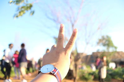 Cropped hand showing peace sign against sky