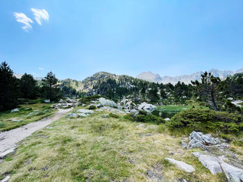 Panoramic view on andorra pyrenees mountains lake landscape