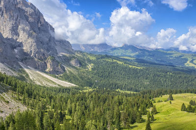 View of a valley and mountains in the alps in the summer