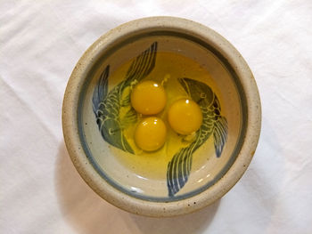 High angle view of fruits in bowl on table