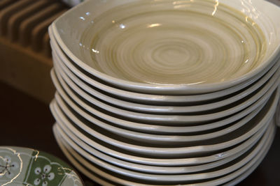 High angle view of ceramic dishes on table