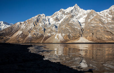 Scenic view of lake and snowcapped mountains against clear sky