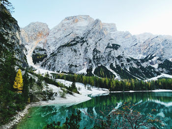 Scenic view of lake by mountains against sky