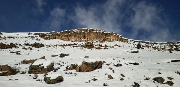 Scenic view of snow covered mountain against sky