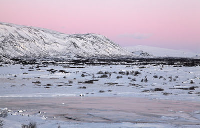 Scenic view of snowcapped mountains against sky during winter