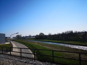 Scenic view of field against clear blue sky