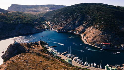 High angle view of boats in river