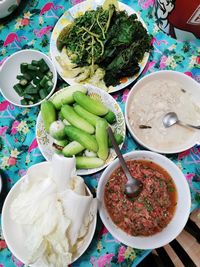 High angle view of meal served on table