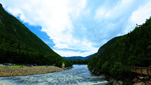 Panoramic view of lake surrounded by mountains against sky