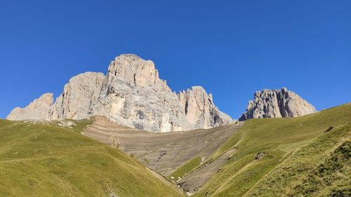 Scenic view of rocky mountains against clear blue sky