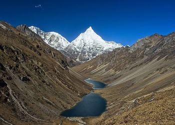 Scenic view of snowcapped mountains against clear blue sky