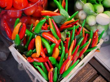 High angle view of red chili peppers for sale in market