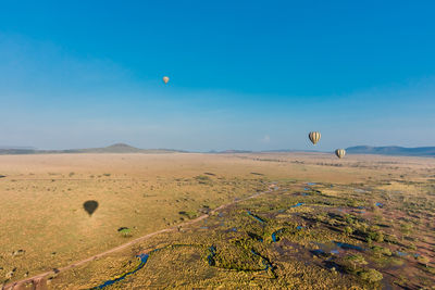 Hot air balloons flying over landscape against sky