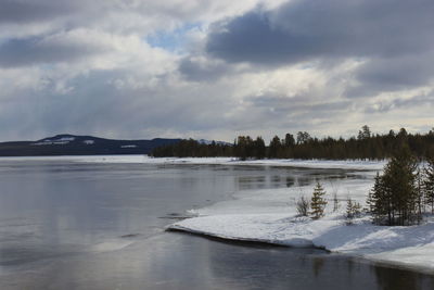 Scenic view of lake against cloudy sky