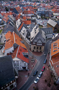 High angle view of road amidst buildings in city