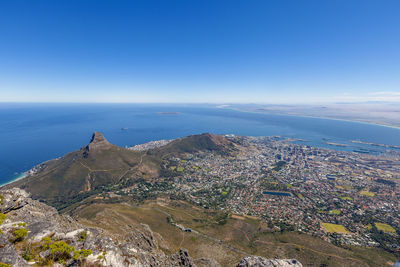 Scenic view of sea and buildings against blue sky