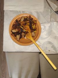 High angle view of food in bowl on table