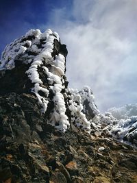 Low angle view of snowcapped mountain against sky