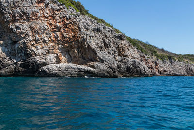 Scenic view of sea against clear blue sky