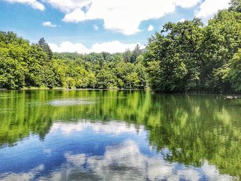 Scenic view of lake by trees against sky