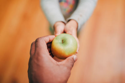 Cropped hand giving apple to girl at home