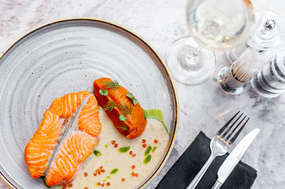 High angle view of food in plate