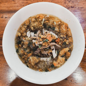 High angle view of meal served on table