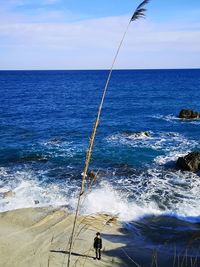 Fishing rod on beach against sky